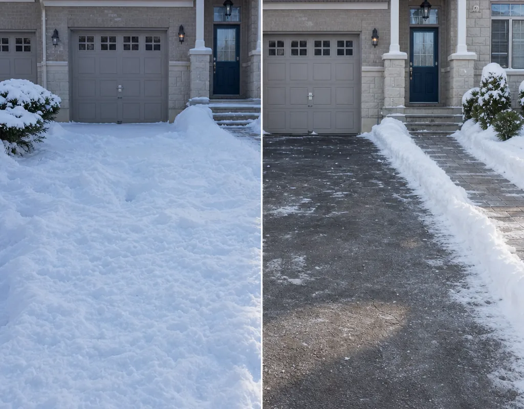 Before-and-after view of a residential driveway and front walkway before and after snow clearing