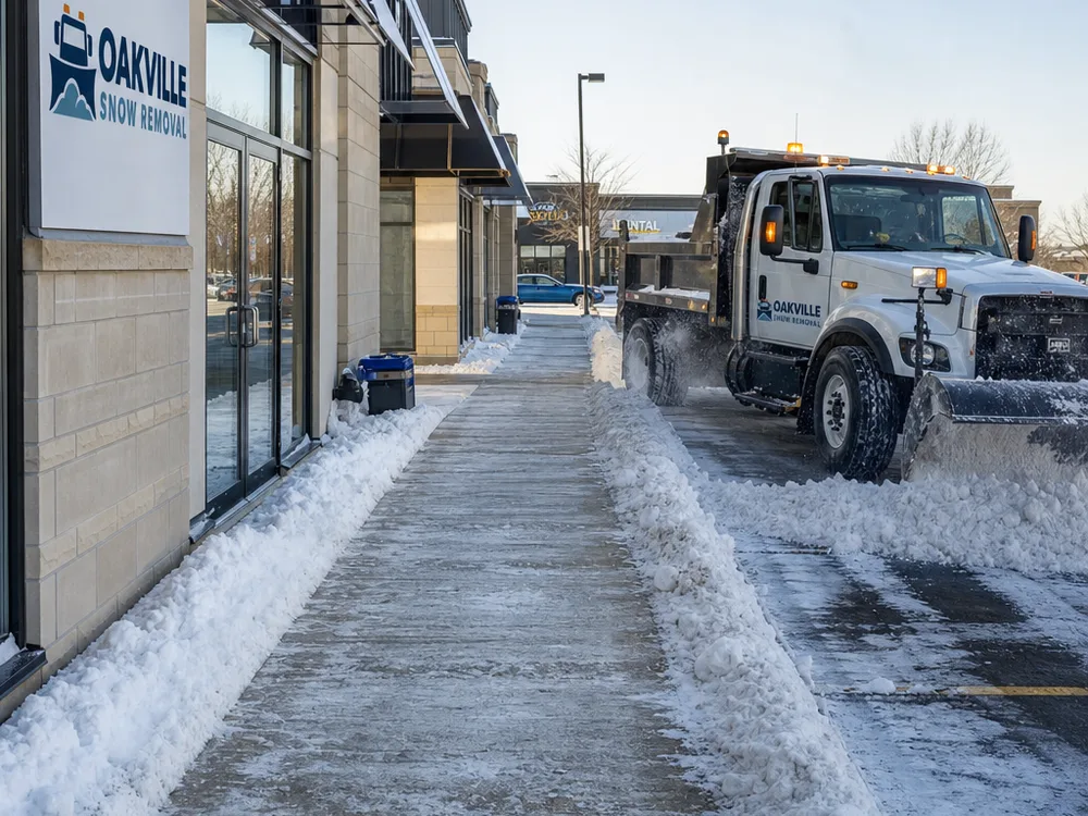 Cleared commercial storefront walkway with salted edges beside a parking lane being plowed for safe pedestrian and vehicle access