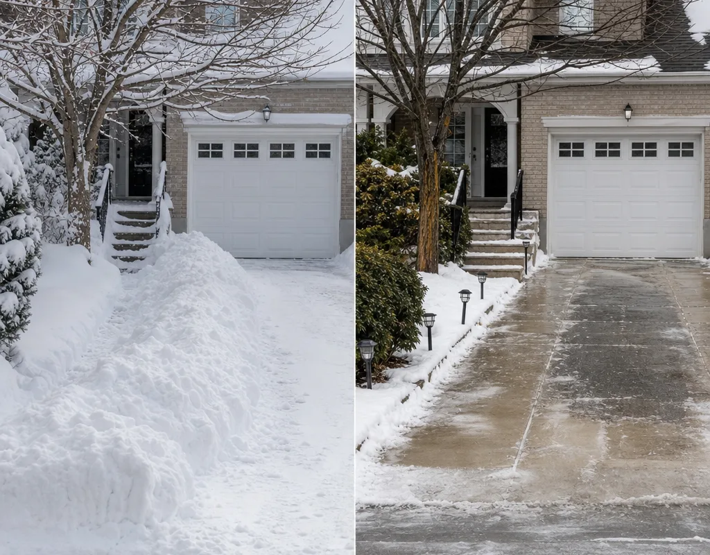 Before-and-after view of a single-car Oakville driveway with packed snow and a curbside windrow, then a clear driving path and walkway