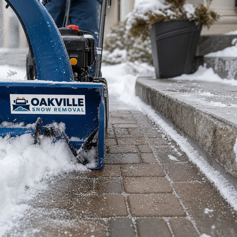 A snowblower clearing carefully along an interlock walkway edge near a front step with grit applied to the cleared path