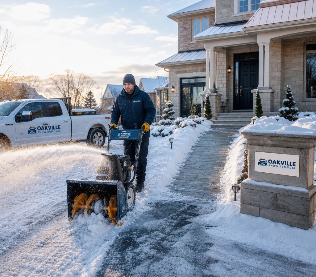 A residential driveway in Oakville being cleared with a snowblower while the walkway to the front door is shoveled and salted in early morning light