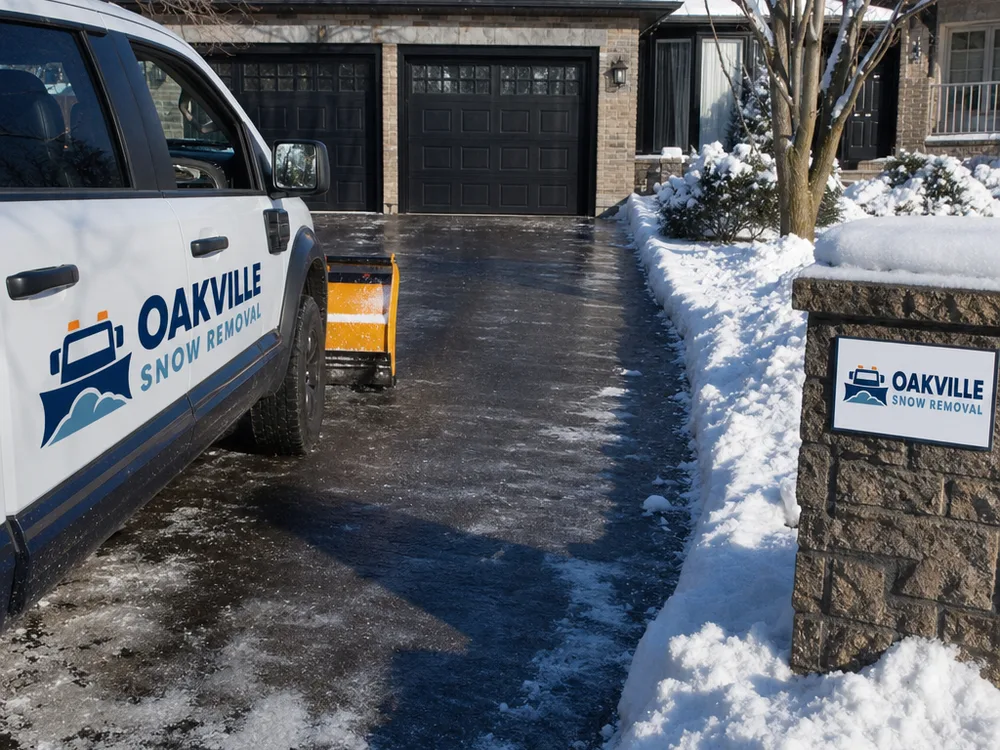 A wide two-car driveway cleared cleanly with neat snow placement along one side and open access to the garage, mailbox, and entry path