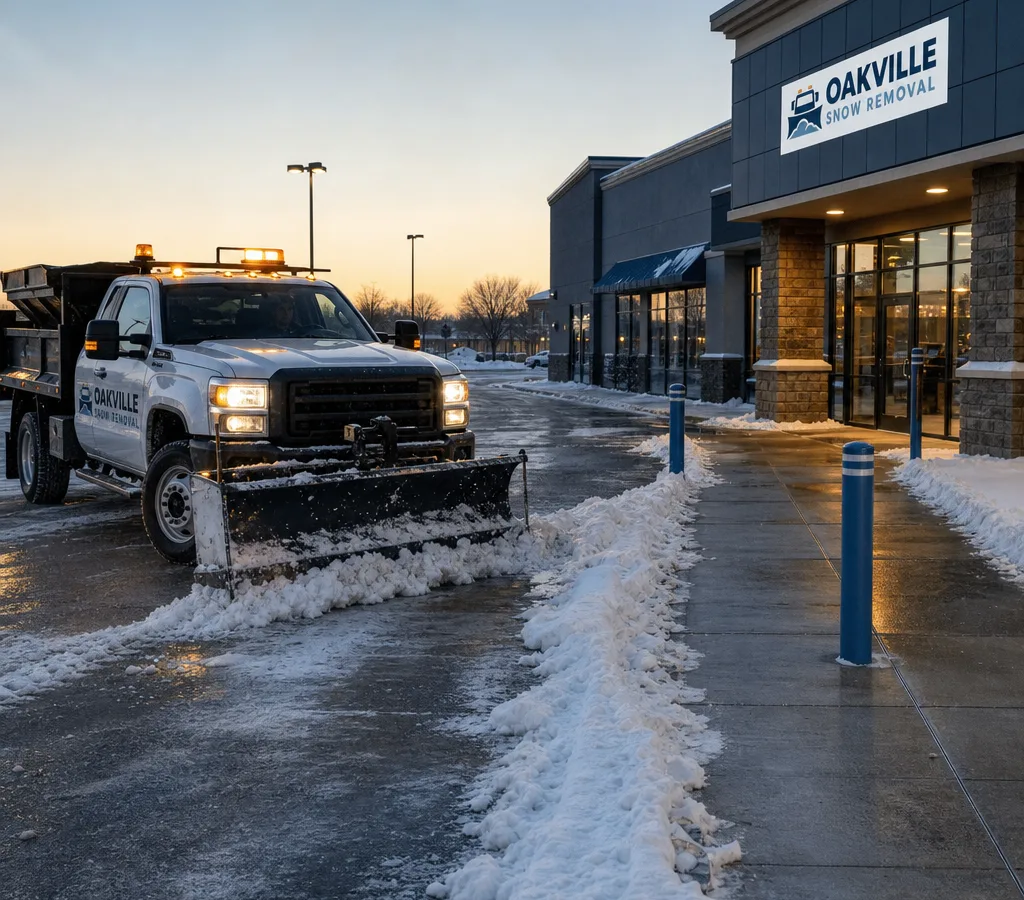 Plow truck clearing a commercial parking lot at dawn with storefront lighting and a cleared pedestrian route