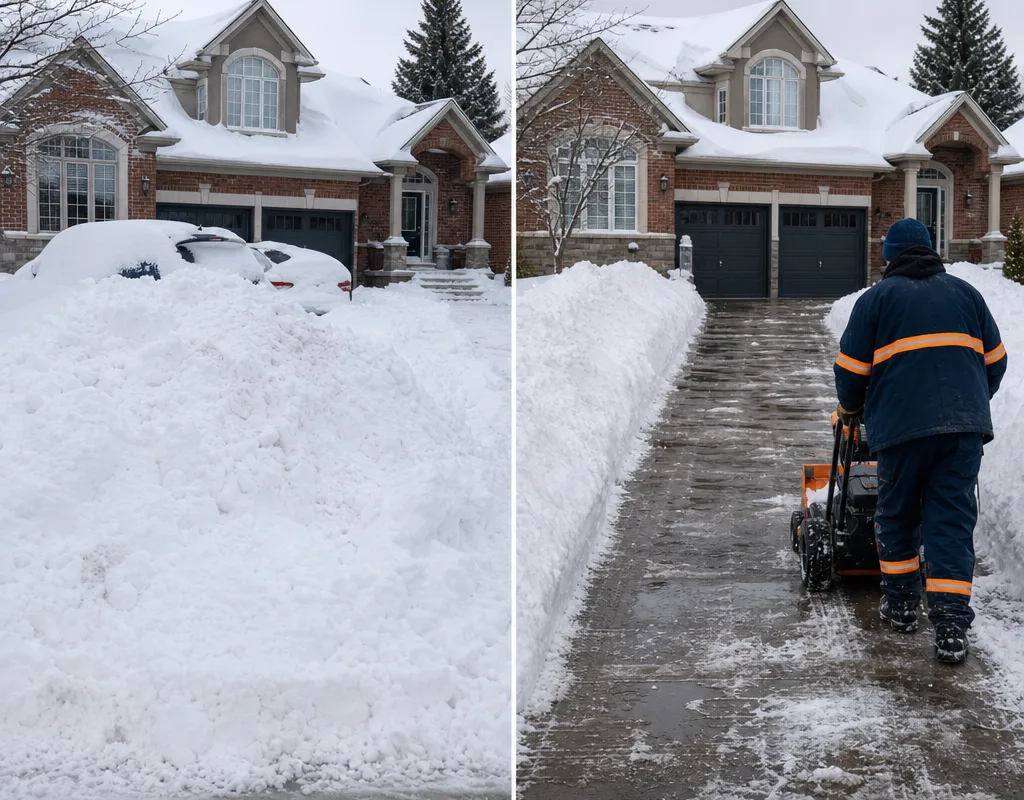 Before-and-after comparison of a snowed-in residential driveway in Oakville cleared to full width with a visible, safe path to the front door