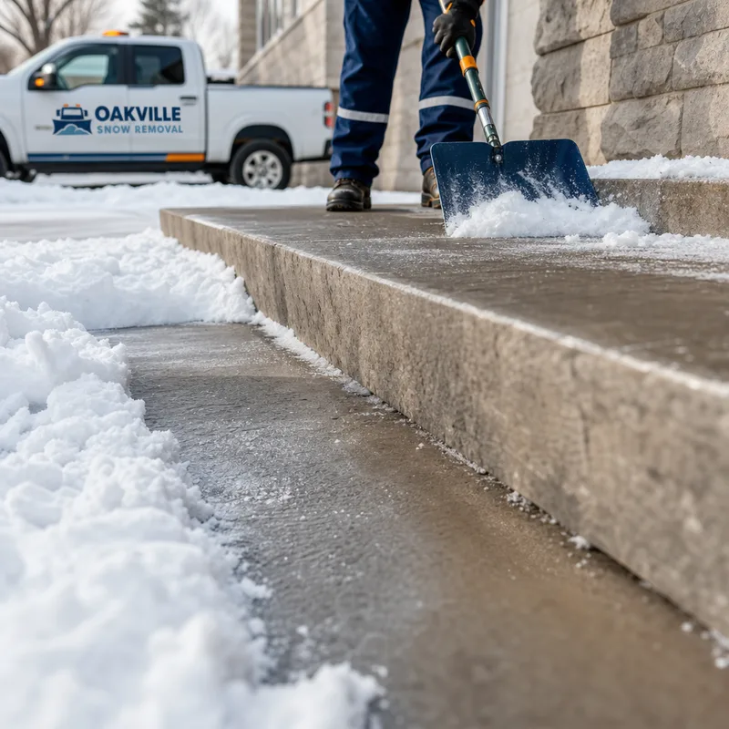Close-up of a cleared walkway edge and steps with packed snow removed down to a clean, walkable surface