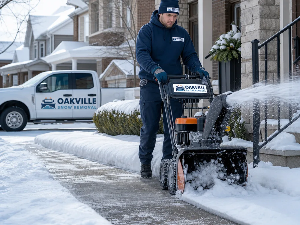 A technician clearing a front walkway and steps with a snow blower and shovel on a suburban Oakville home, showing tight edges along the path
