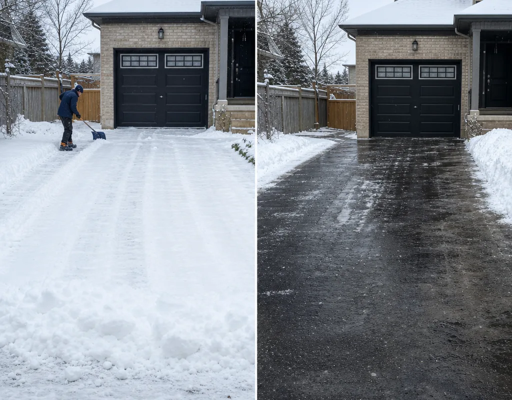 Before-and-after view of a residential driveway showing fresh accumulation and windrow before clearing and a full-width cleared pass afterward