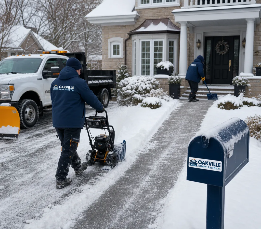 Crew clearing a residential driveway and front walkway with a safely salted path to the front door and mailbox in Oakville