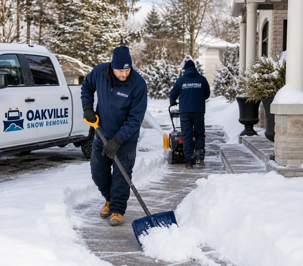 Crew clearing a residential sidewalk and driveway-adjacent walkway in Oakville after an overnight snowfall, with neat edges to the curb and steps visible