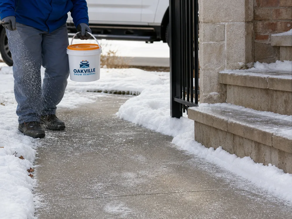Freshly cleared sidewalk with a textured surface and light de-icer near steps and a gate latch