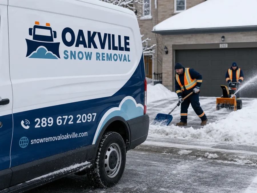 Crew member operating a snowblower on a narrow side path between houses
